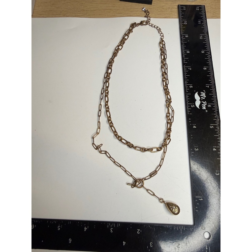 Gold Tone Layered Chain Necklace Faux Pearl Teardrop Pendant Rhinestone Accent